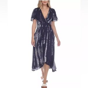 Raviya Tie Dye Print Asymmetrical Wrap Cover Up Dress in Navy (L)